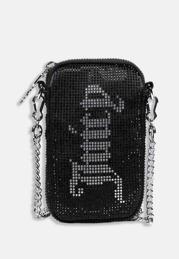 Phone case Juicy Couture con strass neri e tracolla a catena