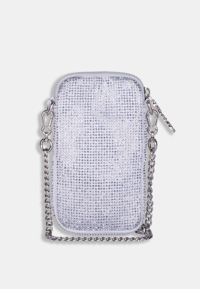 Phone case Juicy Couture con strass argento e tracolla a catena