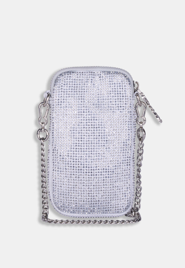 Phone case Juicy Couture con strass argento e tracolla a catena