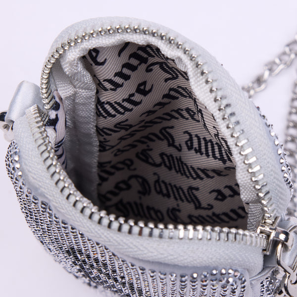 Phone case Juicy Couture con strass argento e tracolla a catena