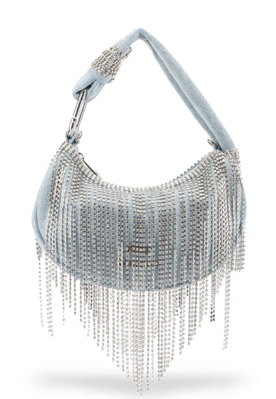 Borsa a spalla Fireflies in denim con frange di strass e con tracolla regolabile colore Azzurro