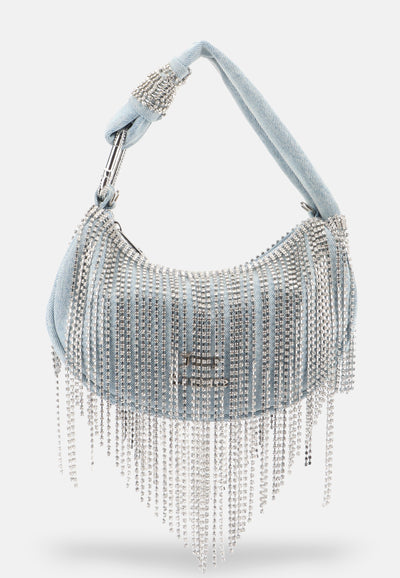Borsa a spalla Fireflies in denim con frange di strass e con tracolla regolabile colore Azzurro