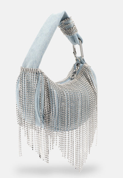 Borsa a spalla Fireflies in denim con frange di strass e con tracolla regolabile colore Azzurro