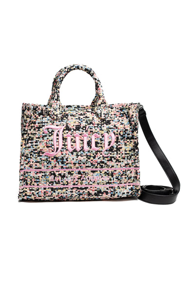 Borsa a mano Iris con stampa multicolore effetto tweed e logo frontale a contrasto
