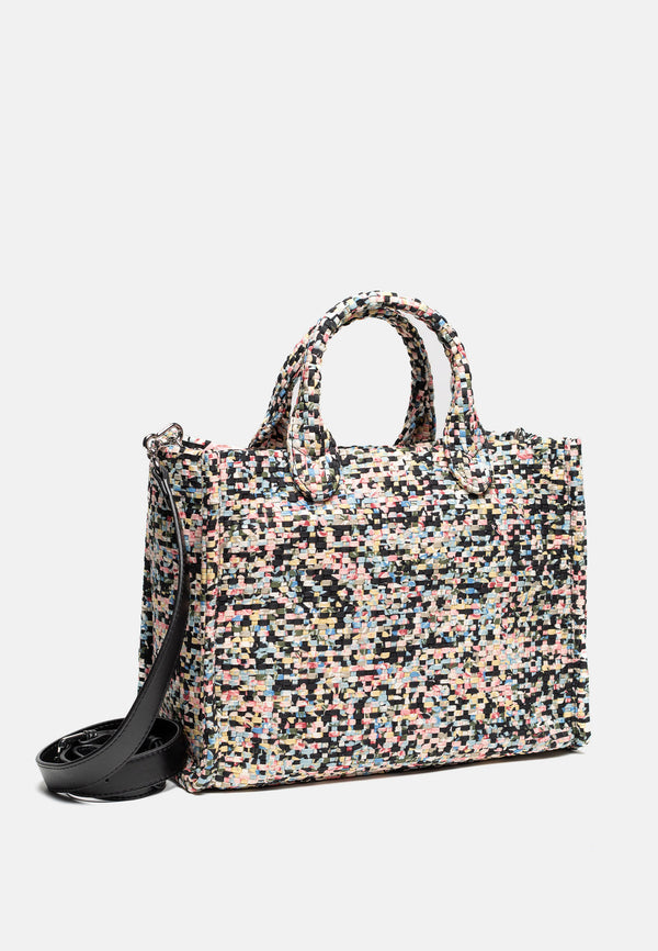 Borsa a mano Iris con stampa multicolore effetto tweed e logo frontale a contrasto