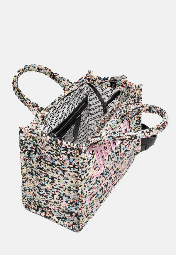 Borsa a mano Iris con stampa multicolore effetto tweed e logo frontale a contrasto