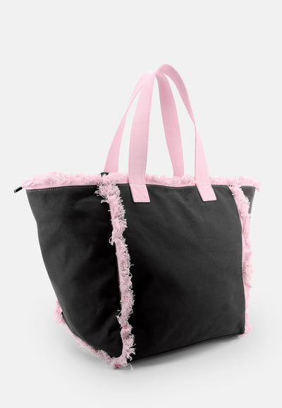 Shopper Mirna grande in cotone con dettagli effetto frange e pochette abbinata colore Nero