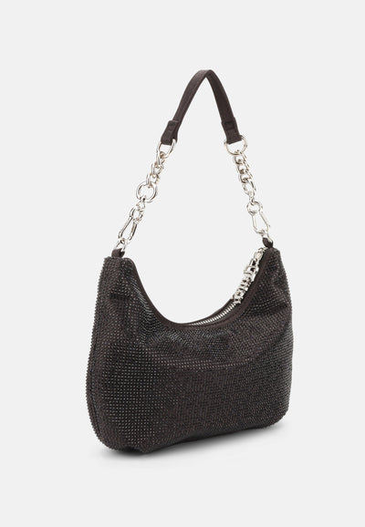 Borsa a spalla Mia interamente decorata con strass e logo frontale colore Nero