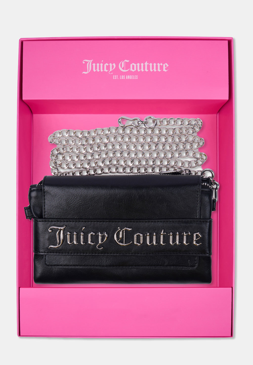 Set regalo Juicy Couture con mini borsa nera e tracolla a catena