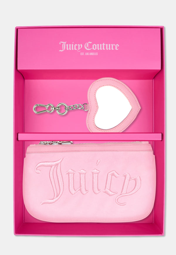 Set regalo Juicy Couture con pochette rosa e specchietto a cuore