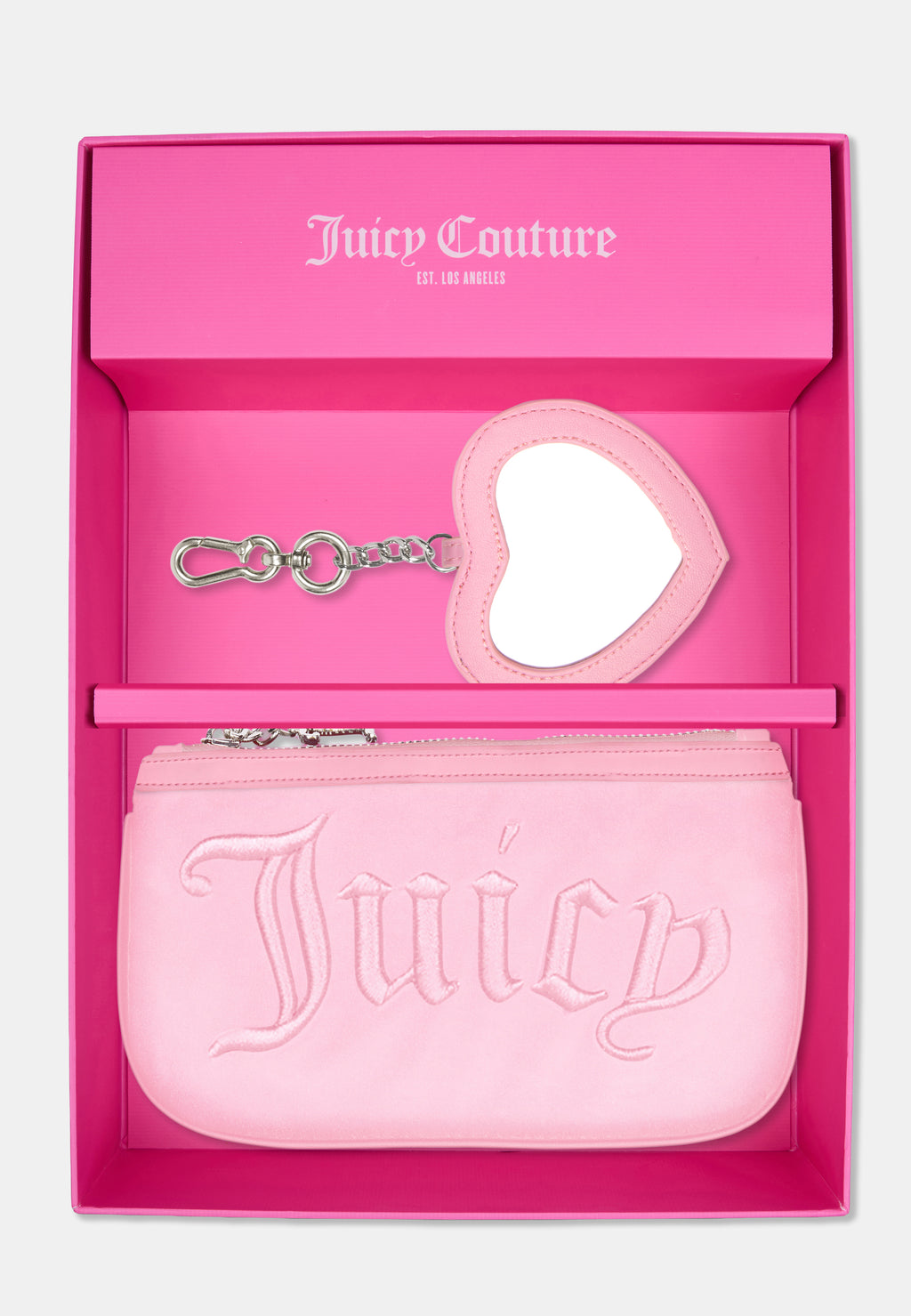 Set regalo Juicy Couture con pochette rosa e specchietto a cuore