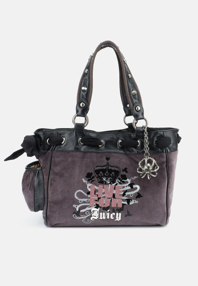 Borsa Daydreamer Live Grande in Velluto con Doppio Manico e Dettagli in Ecopelle – Grigio Scuro