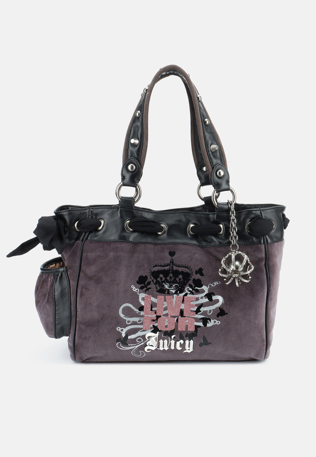 Borsa Daydreamer Live Grande in Velluto con Doppio Manico e Dettagli in Ecopelle – Grigio Scuro