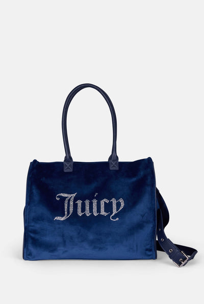 Borsa shopper grande con strass Iris Blu Scuro in velour
