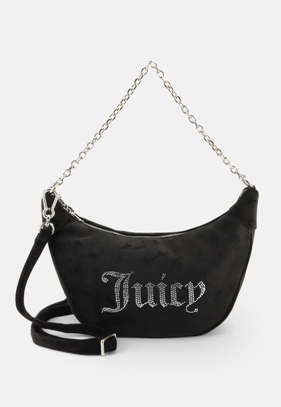 Borsa a spalla Kimberly in velluto con tracolla regolabile e logo in strass colore Nero