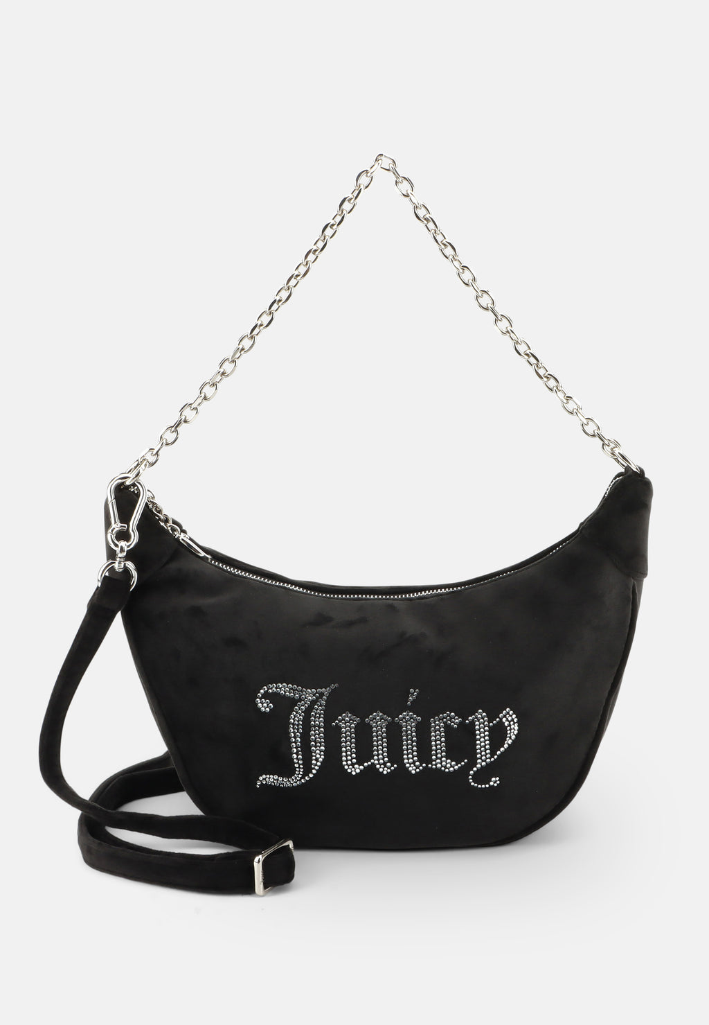 Borsa a spalla Kimberly in velluto con tracolla regolabile e logo in strass colore Nero