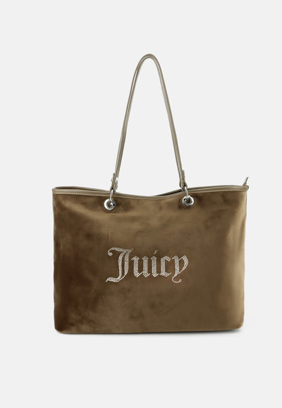 Borsa Shopper Grande Kimberly in Velluto con Logo Juicy in Strass – Marrone Chiaro
