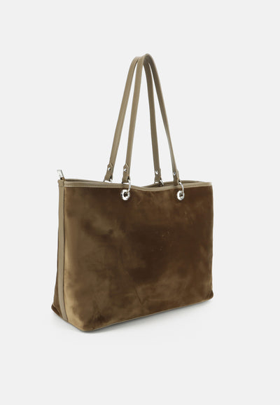 Borsa Shopper Grande Kimberly in Velluto con Logo Juicy in Strass – Marrone Chiaro