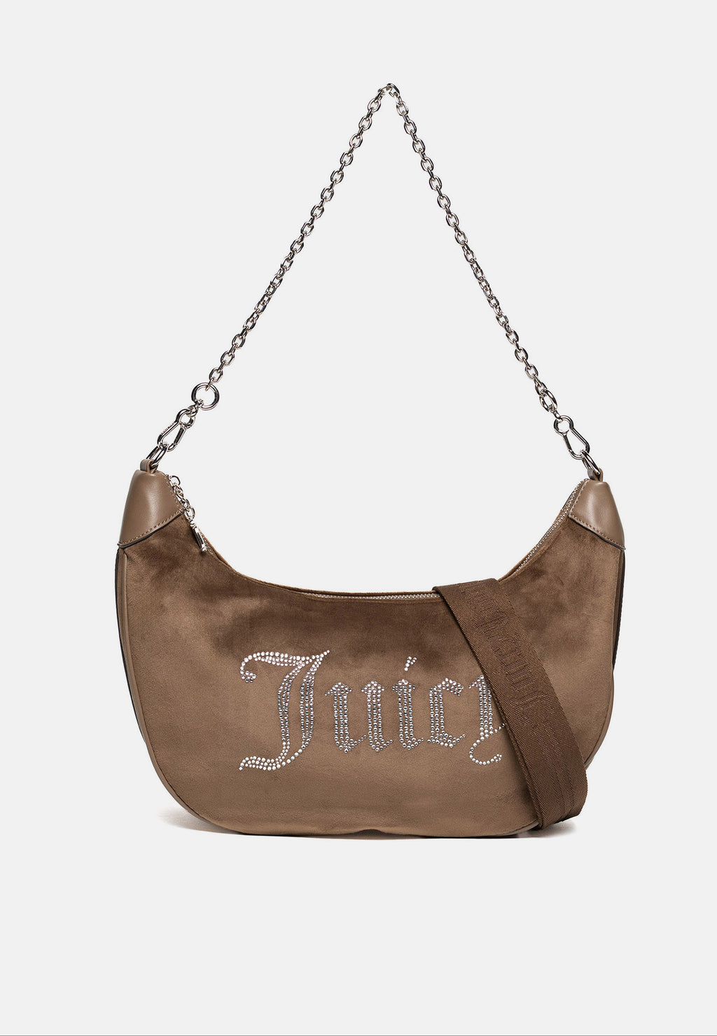 Borsa a Spalla Grande Kimberly in Velluto con Tracolla e Logo Juicy in Strass – Marrone Chiaro
