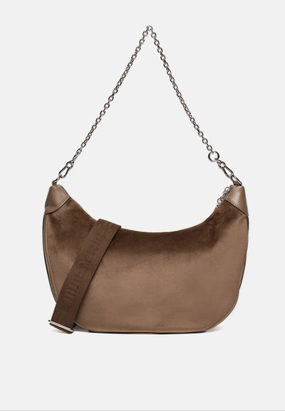 Borsa a Spalla Grande Kimberly in Velluto con Tracolla e Logo Juicy in Strass – Marrone Chiaro