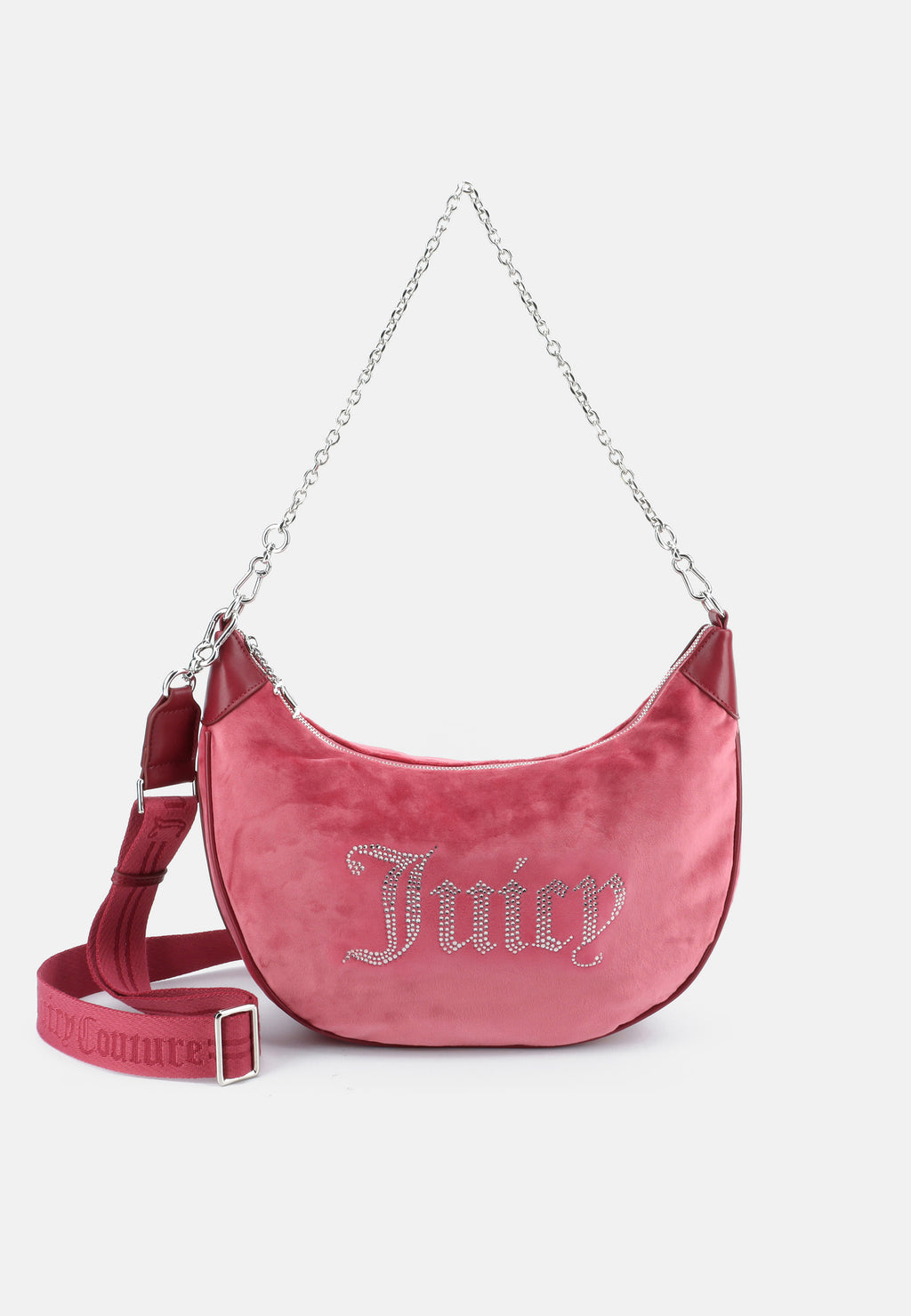 Borsa a Spalla Grande Kimberly in Velluto con Tracolla e Logo Juicy in Strass – Rosso Lampone