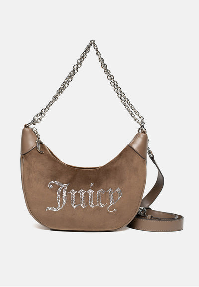 Borsa a Spalla Media Kimberly in Velluto con Logo Juicy in Strass – Marrone Chiaro