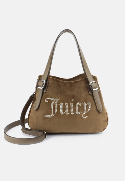 Borsa Media Kimberly in Velluto con Doppio Manico e Logo Juicy in Strass – Marrone Chiaro