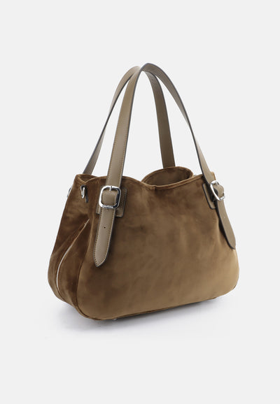 Borsa Media Kimberly in Velluto con Doppio Manico e Logo Juicy in Strass – Marrone Chiaro
