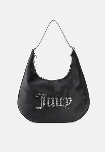 Borsa a Spalla Grande Kimberly in Velluto con Logo Juicy in Strass – Nero