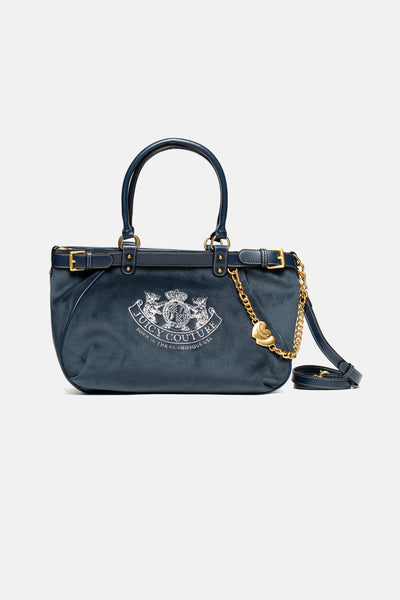 Borsa a mano Twig Narrative in velluto con tracolla, catena e logo stampato colore Blu