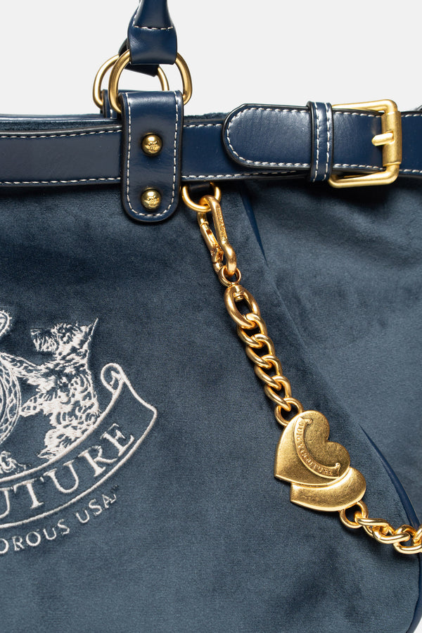 Borsa a mano Twig Narrative in velluto con tracolla, catena e logo stampato colore Blu