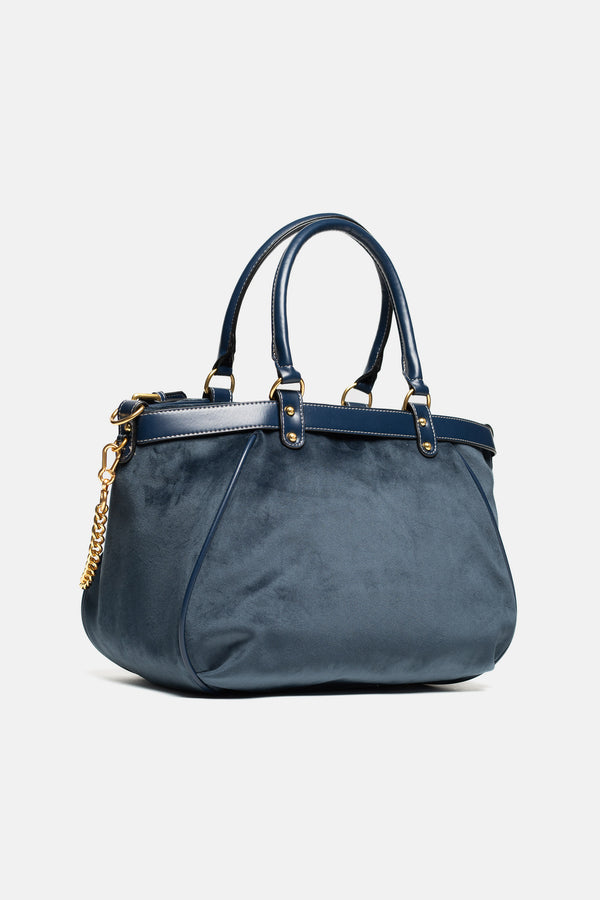 Borsa a mano Twig Narrative in velluto con tracolla, catena e logo stampato colore Blu