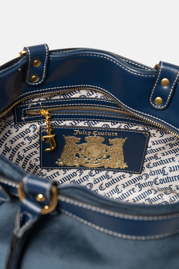 Borsa a mano Twig Narrative in velluto con tracolla, catena e logo stampato colore Blu