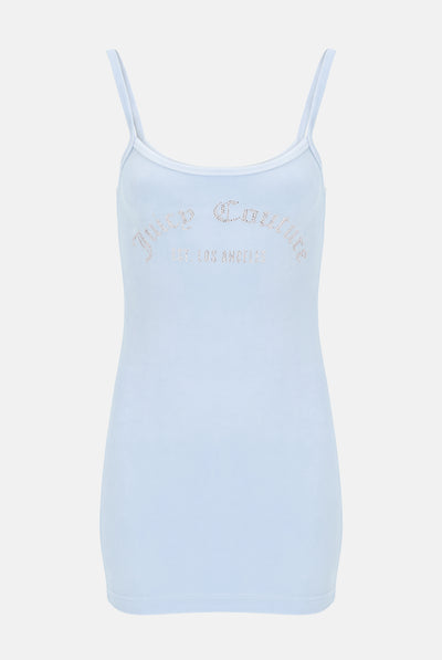 Abito corto Juicy Couture in velluto con spalline sottili e logo in strass colore Azzurro