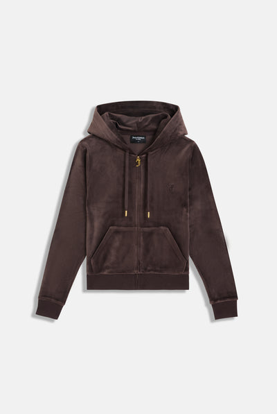 Felpa in velluto Robertson con cappuccio e accessori metallici dorati colore marrone