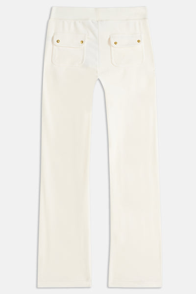 Pantaloni in velluto Del Ray a vita media con tasche e accessori metallici dorati colore panna