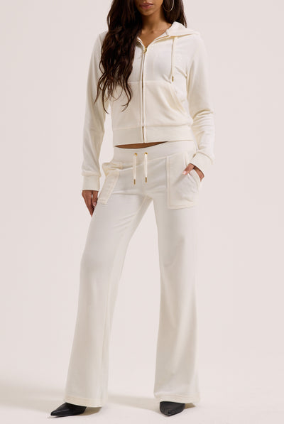 Pantaloni in velluto Del Ray a vita media con tasche e accessori metallici dorati colore panna