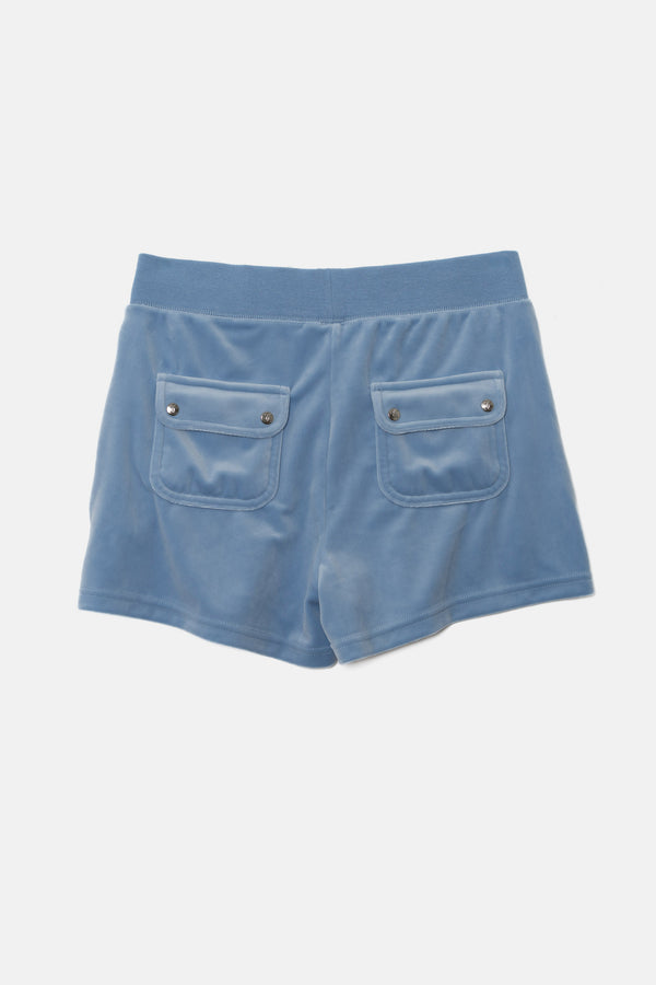 Pantoloncini in velluto Eve con tasche e ricamo JC color azzurro