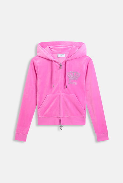 Felpa in velluto Gothic Crown con cappuccio, doppia zip e strass colore rosa