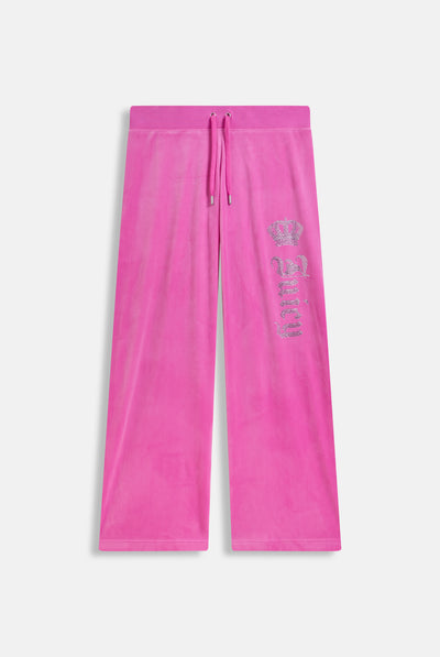 Pantalone in velluto Gothic Crown a vita bassa con gamba dritta e logo Juicy con corona in strass colore rosa