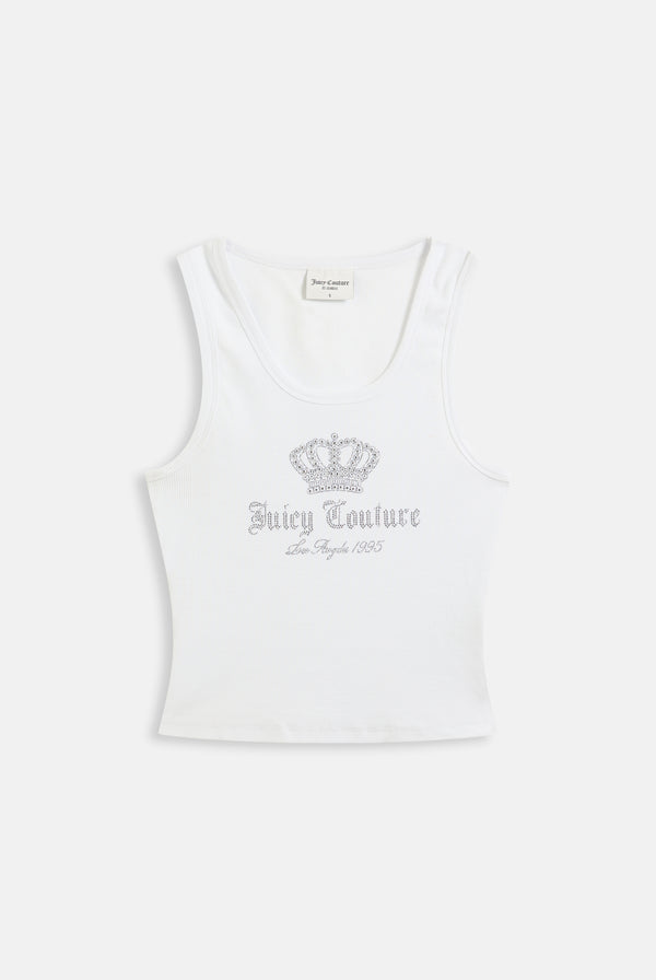 Canotta Gothic Crown in jersey a costine con logo corona in strass color bianco