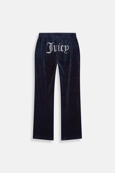 Pantaloni in velltuo Tina a vita media con logo Juicy in strass colore Blu