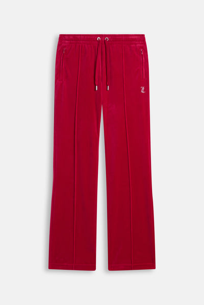 Pantaloni Tina in Velluto a Vita Media con Logo Juicy in Strass – Rosso Lampone