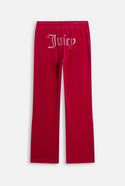 Pantaloni Tina in Velluto a Vita Media con Logo Juicy in Strass – Rosso Lampone