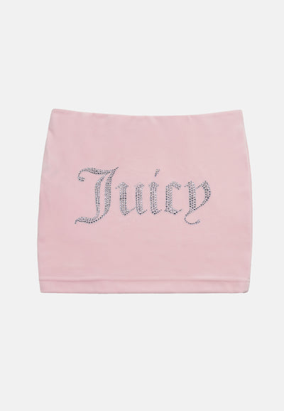 Minigonna Juicy in velluto con logo in strass colore Rosa