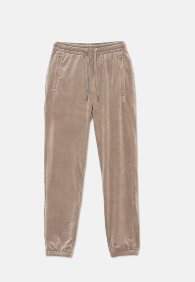 Pantaloni Lilian Tortora chiaro con elastico al fondo e logo strass
