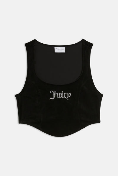 Top Juicy aderente in velluto con scollo ampio e logo in strass colore Nero