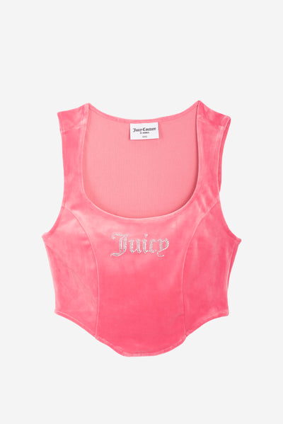 Top Juicy aderente in velluto con scollo ampio e logo in strass colore Rosa