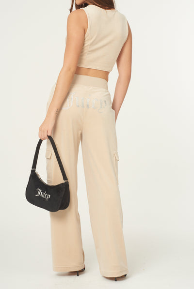 Top Juicy aderente in velluto con scollo ampio e logo in strass colore Beige