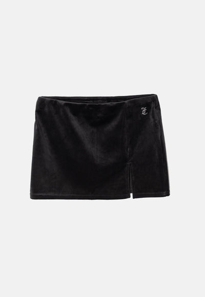 Minigonna Juicy in velluto con spacco laterale e logo in strass colore Nero